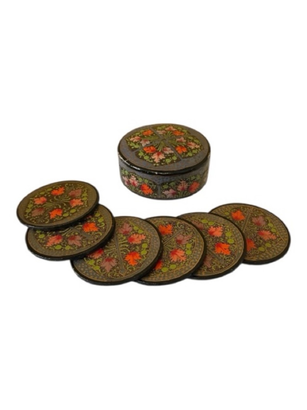 Vintage Floral Botanical Hand Painted Papier-Mache Coaster Set In A Matching Box